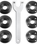 7 Piece Angle Grinder Nut And Wrench Set With Extended Wrench And Six Thick Flange Nuts For Fast Tool Changes Fits Most Four And One Half Inch Five Inch And Seven Inch Grinders With Five Eighth Eleven Threads Compatible With Major Brands displayed with black flange nuts and a silver wrench.