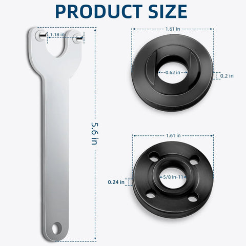 Image showing a 7 Piece Angle Grinder Nut And Wrench Set With Extended Wrench And Six Thick Flange Nuts For Fast Tool Changes Fits Most Four And One Half Inch Five Inch And Seven Inch Grinders With Five Eighth Eleven Threads Compatible With Major Brands, featuring dimensions.
