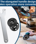 7 Piece Angle Grinder Nut And Wrench Set With Extended Wrench And Six Thick Flange Nuts For Fast Tool Changes Fits Most Four And One Half Inch Five Inch And Seven Inch Grinders With Five Eighth Eleven Threads Compatible With Major Brands showing wrench and flange nuts