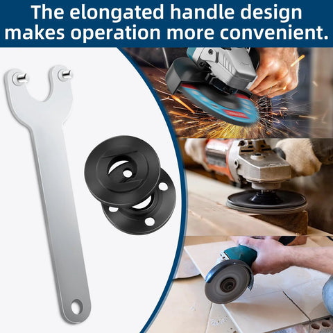 7 Piece Angle Grinder Nut And Wrench Set With Extended Wrench And Six Thick Flange Nuts For Fast Tool Changes Fits Most Four And One Half Inch Five Inch And Seven Inch Grinders With Five Eighth Eleven Threads Compatible With Major Brands showing wrench and flange nuts