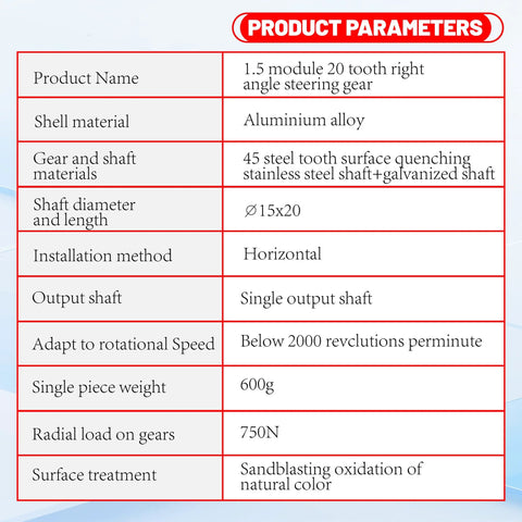 Product parameters table for a Right Angle Gearbox 90 Degree Drive 1 To 1 Torque 15mm Shaft Aluminum Housing, showing specifications.