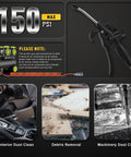 High-volume angled air blow gun with rubber guard delivers powerful dust, water, and debris removal in tight spaces, shown near PSI reading and usage examples for car and machinery cleaning.