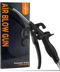 High-volume angled air blow gun with rubber guard delivers powerful dust, water, and debris removal in tight spaces, shown with packaging