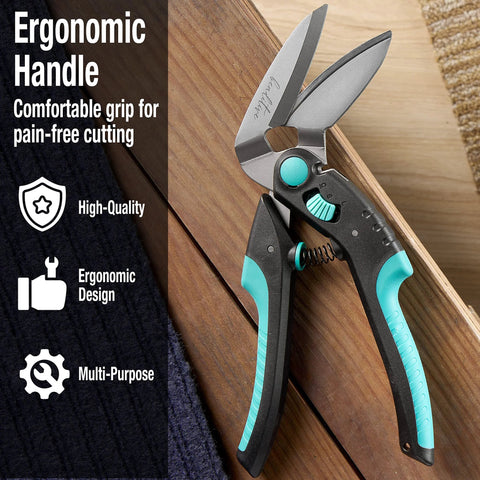 Heavy Duty Multipurpose Angled Craft Scissors 10 Inch Japanese Stainless Steel Serrated Blade with ergonomic handle on table