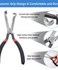 View of half open electrical disconnect pliers with ergonomic grip and high carbon steel material for cars and auto repairs