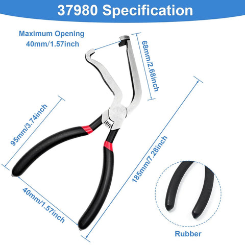 Electrical Disconnect Pliers Set For Cars And Auto Repairs shown with dimensions, includes straight pliers with rubber grips.