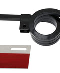 Close-up of angled mud flap hanger with three-coil damping spring and reflective plate, black powder coating, and E coating.