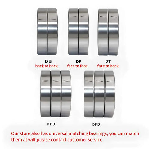 Various arrangements of Angular Contact Ball Bearing Pair 71807AC 35x47x7mm P5 shown in back to back, face to face alignments.