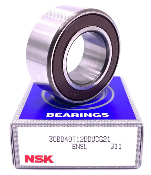 Compact angular contact double row bearing 30BD40, 30x55x23 mm, sealed, Japan-made, on a blue NSK box.