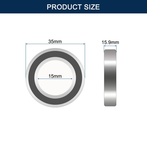 Diagram showing measurements of Premium Angular Contact Bearings 15x35x15.9 mm, 2-Pack with double rubber seals.