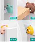 Colorful animal-shaped silicone door stoppers and wall protection pads on cabinets and doors