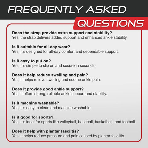 Image of frequently asked questions about Sleeve Stars Ankle Brace For Women And Men Breathable Ankle Support Sleeve With Removable Strap For Sprain Recovery And Plantar Fasciitis Relief Provides Adjustable Compression And Secure Comfort Fit For Daily Activities Black Ten To Twelve Inches