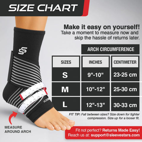 Size chart for Sleeve Stars Ankle Brace For Women And Men Breathable Ankle Support Sleeve With Removable Strap, showing measurements.