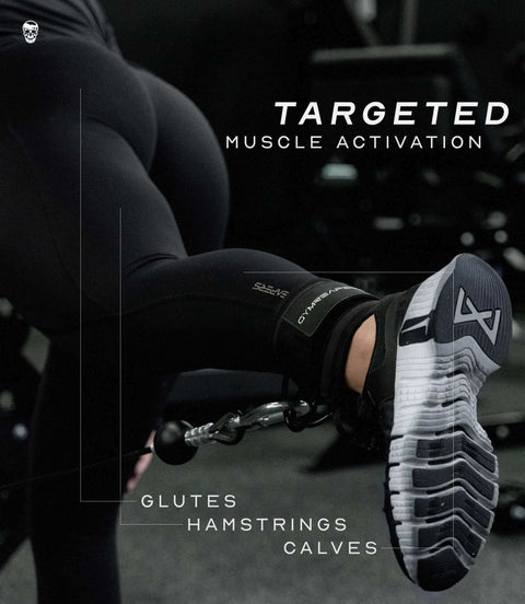 Ankle Straps For Cable Machines With Neoprene Padding used for glute kickbacks with focus on muscles, featuring adjustable design.