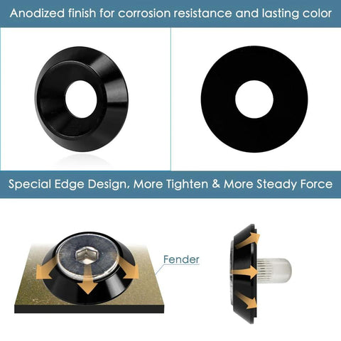 24-Piece M8x24mm Anodized Aluminum Tapered Washer Kit showing black washer and installation diagram for exterior dress up.