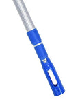 Close-up of blue anodized aluminum telescopic pool pole showing grip lock for skimmer nets and brushes