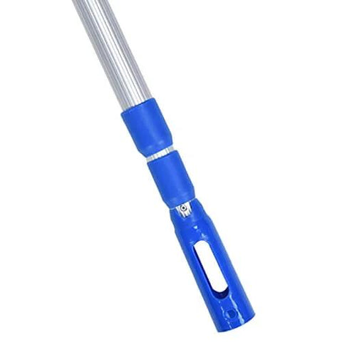 Close-up of blue anodized aluminum telescopic pool pole showing grip lock for skimmer nets and brushes