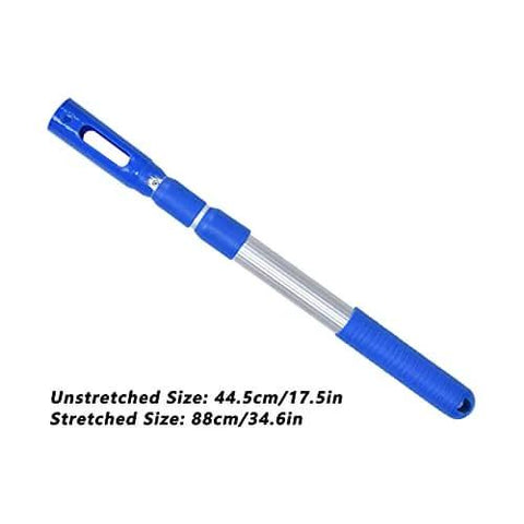 Professional Anodized Aluminum Telescopic Pool Pole 3 Piece Adjustable Expandable With Strong Grip Lock, blue and silver, dimensions visible.