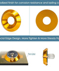 Details of 48 Piece M6 Widebody Fender Flare Hardware Kit with gold anodized washers and rivet nut installation example