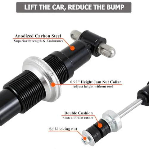 Adjustable front coilover shocks with 500 lb springs deliver improved handling and ride comfort for classic A-Body 73-77 and G-Body 82-88 builds, showing anodized carbon steel and adjustment features.
