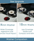 Comparison of 24mm and 18mm anodized aluminum washers showing coverage and visual impact for 24-Piece M8x24mm Anodized Aluminum Tapered Washer Kit for Exterior Dress Up.