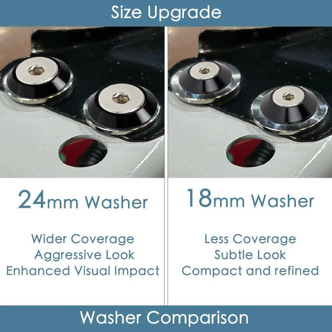 Comparison of 24mm and 18mm anodized aluminum washers showing coverage and visual impact for 24-Piece M8x24mm Anodized Aluminum Tapered Washer Kit for Exterior Dress Up.