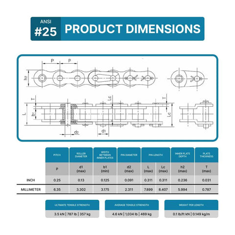 ANSI #25 product dimensions diagram for Size 25 Roller Chain, 10 Foot Length With Two Free Connecting Links, Carbon Steel