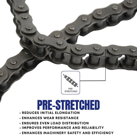 Close-up of ANSI 25 Roller Chain 10 Feet with 2 Connecting Links showcasing pre-stretched feature for enhanced performance and reliability.