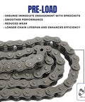 Coiled ANSI 25 Roller Chain 10 Feet With 2 Connecting Links, suitable for high-load power transmission; image focus on chain links.