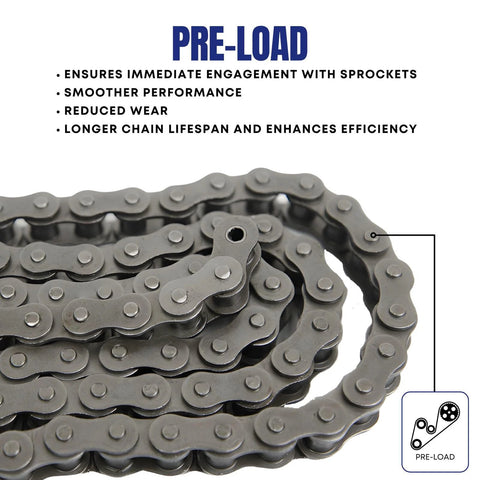 Coiled ANSI 25 Roller Chain 10 Feet With 2 Connecting Links, suitable for high-load power transmission; image focus on chain links.
