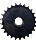 Front view of ANSI 25 Roller Chain Sprocket Type B with twenty five teeth, bore twelve point seven millimeter, hardened 1045 carbon steel.