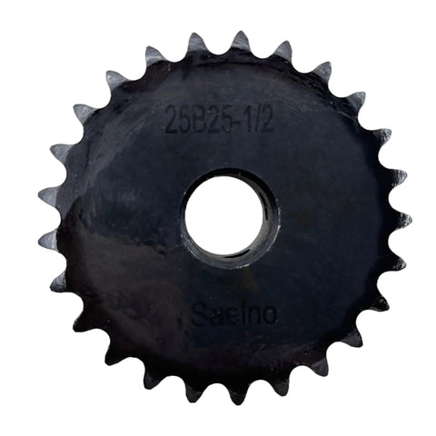 Front view of ANSI 25 Roller Chain Sprocket Type B with twenty five teeth, bore twelve point seven millimeter, hardened 1045 carbon steel.