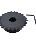 ANSI 25 Roller Chain Sprocket Type B with twenty five teeth, bore twelve point seven millimeter, complete with wrench, hardened 1045 carbon steel.