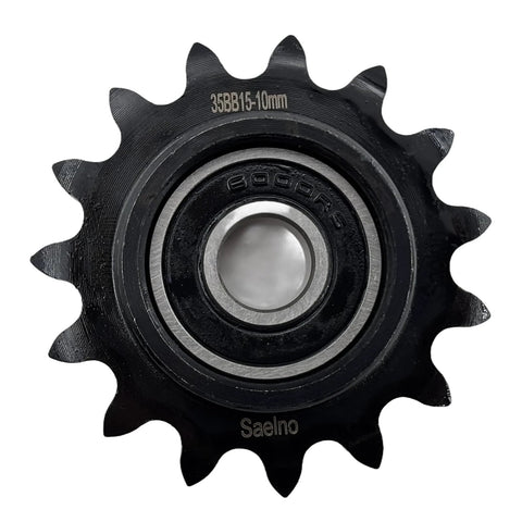 Front view of ANSI 35 Roller Chain Idler Sprocket Type C Built Tough Heavy Duty For Three Eight Inch Pitch With Ten Millimeter Bore And Fifteen Teeth Bearing 6000RS Hardened 1045 Carbon Steel Antirust Drive Sprocket For 35 Chain