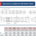 Technical drawing of sprocket suitable for #35 roller chain with measurements, showcasing design and dimensions.