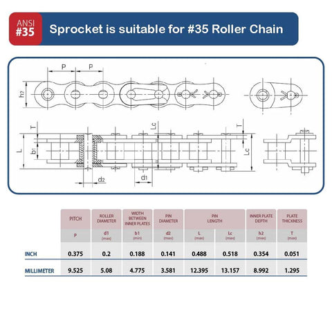 Technical drawing of sprocket suitable for #35 roller chain with measurements, showcasing design and dimensions.