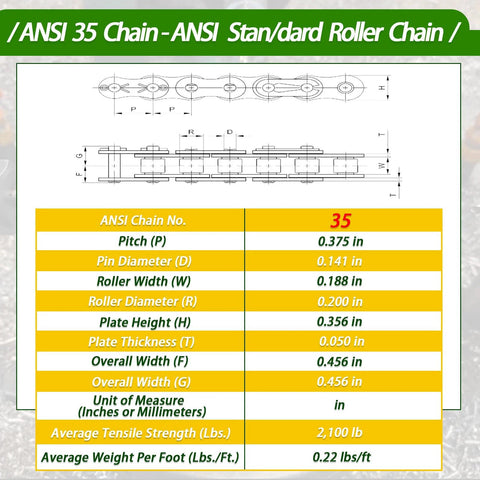 ANSI 35 standard roller chain dimensions table with measurements in inches and millimeters, featuring tensile strength and weight specifications.