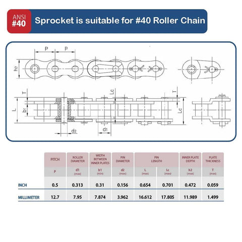 Technical drawing of Roller Chain Sprocket B Type 12.7mm Pitch, 10 Teeth, Five Eighth Inch Bore, Hardened AISI 1045 Steel, Rust Resistant