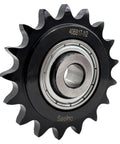 Industrial Grade ANSI 40 Roller Chain Idler Sprocket Type C With Half Inch Bore Seventeen Teeth And Bearing For 40 Chain, shown close-up.