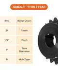 Specifications of Heavy Duty Workhorse 40 Tooth Roller Chain Sprocket with 1 Inch Bore B Hub Carbon Steel Drive Sprocket for ANSI 40 Chains