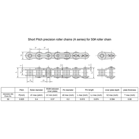 Technical diagram of short pitch precision roller chains A series for 50# roller chain with dimensions and measurements