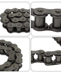 Close-up views of Ten Feet Long 80 Roller Chain ANSI No 80 Carbon Steel With 120 Links and One Connecting Link, heat-treated for durability.