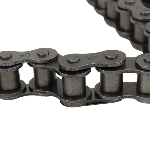 Close-up of Ten Feet Long 80 Roller Chain ANSI No 80 Carbon Steel With 120 Links and One Connecting Link, heat-treated for toughness