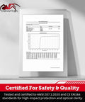Certification report for ANSI Z87.1 Safety Glasses For Over Eyeglasses displayed in a frame