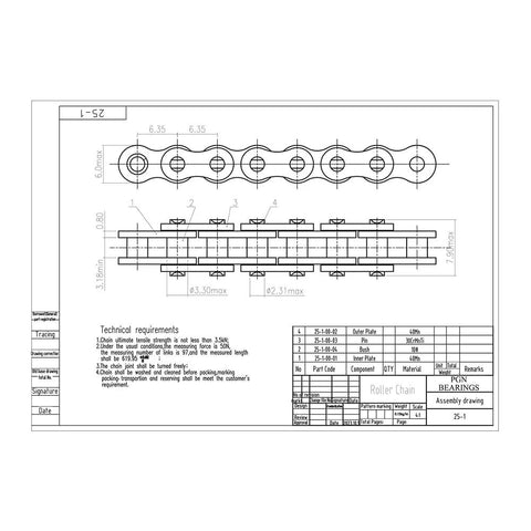 Technical drawing of Size 25 Roller Chain, 10 Foot Length With Two Free Connecting Links, Carbon Steel, One Quarter Inch Pitch, ANSI Chain No 25.