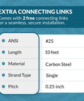 Size 25 Roller Chain, 10 Foot Length With Two Free Connecting Links, Carbon Steel, One Quarter Inch Pitch, ANSI Chain No 25 chart