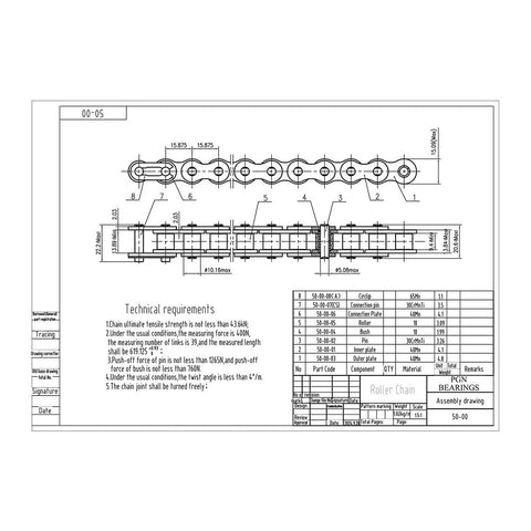 Technical diagram of Workhorse ANSI Chain No 50 Roller Chain 10 Feet Long Single Strand Carbon Steel Drive Chain with 5/8 inch pitch.
