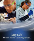 Two workers wearing 24 Pack ANSI Z78.1 Safety Glasses For Construction And Shooting Crystal Clear in different environments.
