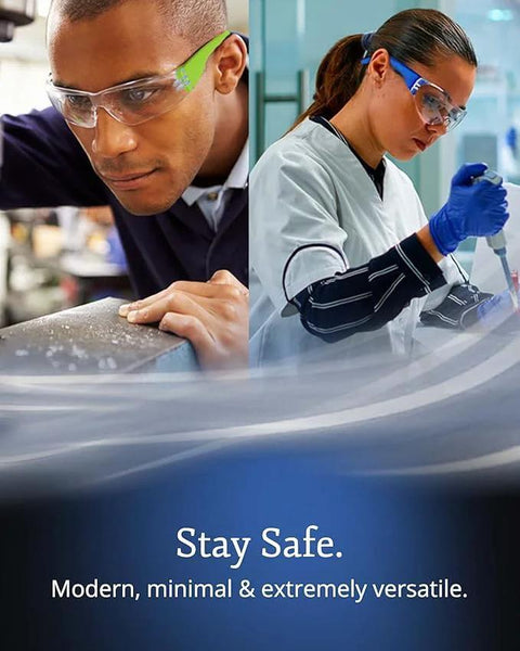 Two workers wearing 24 Pack ANSI Z78.1 Safety Glasses For Construction And Shooting Crystal Clear in different environments.