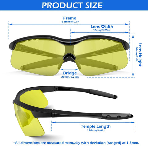 12 Pack ANSI Z87.1 Safety Glasses For Men Women Youth With Anti Scratch Lenses front and side view with size details